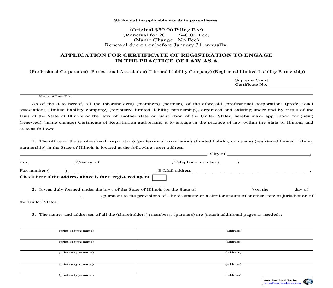 Application For Certificate Of Registration To Engage In Practice Of Law (As Business) | Pdf Fpdf Doc Docx | Illinois