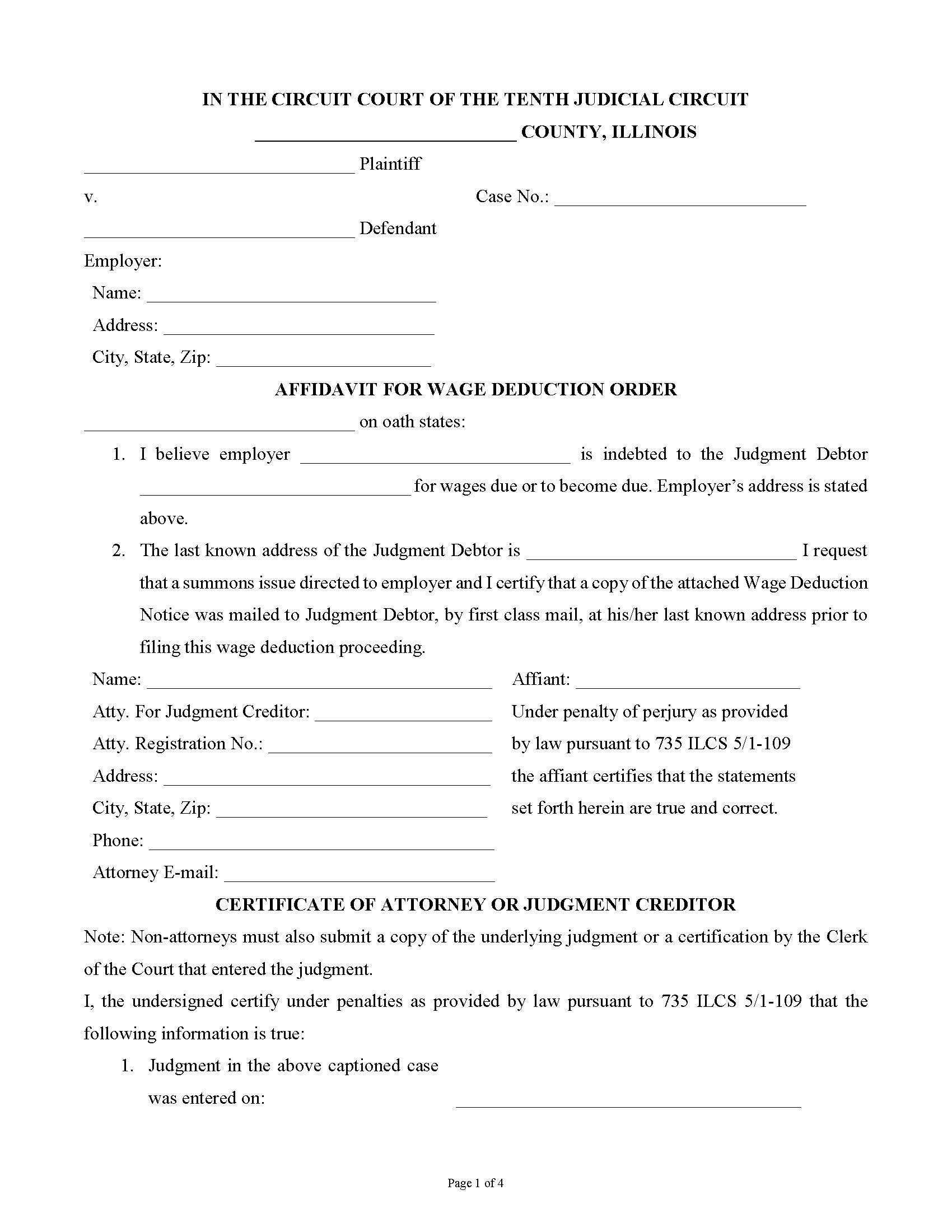 Affidavit For Wage Deduction Order | Pdf Fpdf Docx | Illinois