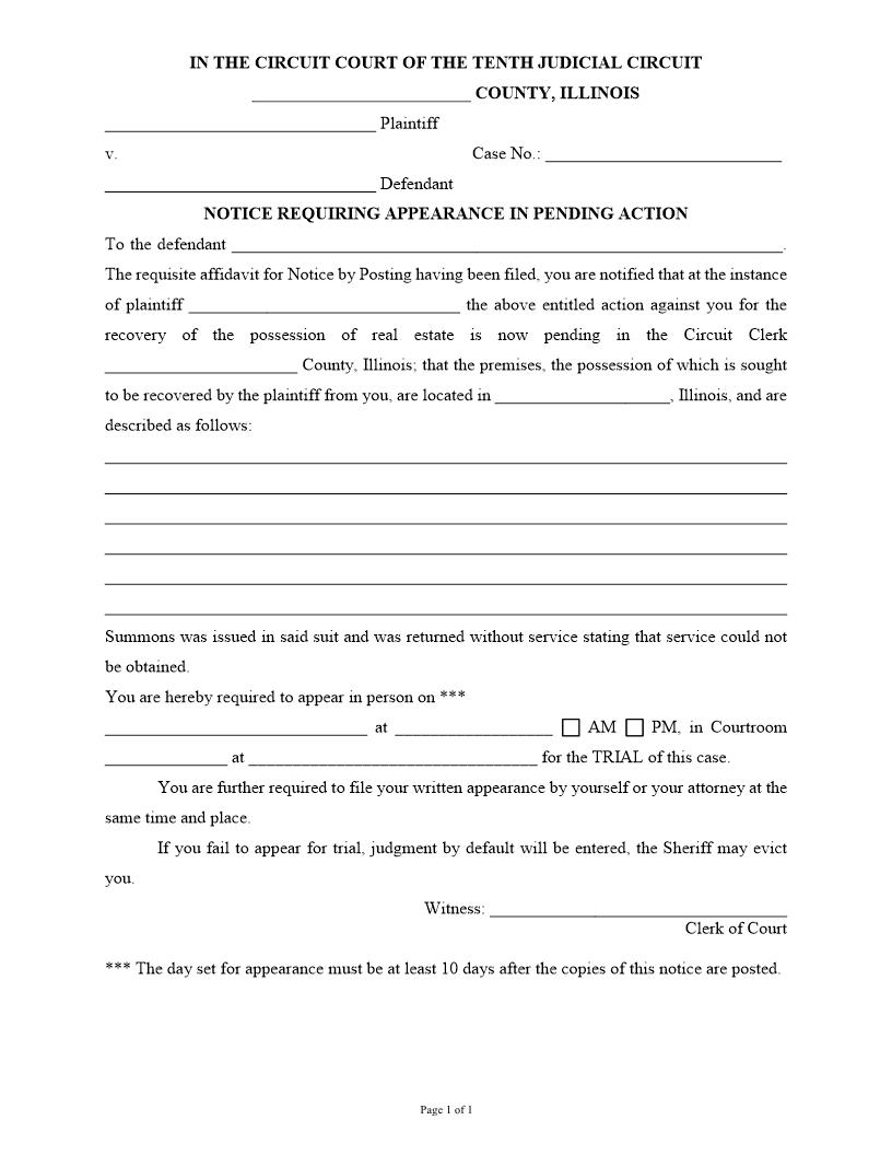 Notice Requiring Appearance In Pending Action | Pdf Fpdf Docx | Illinois