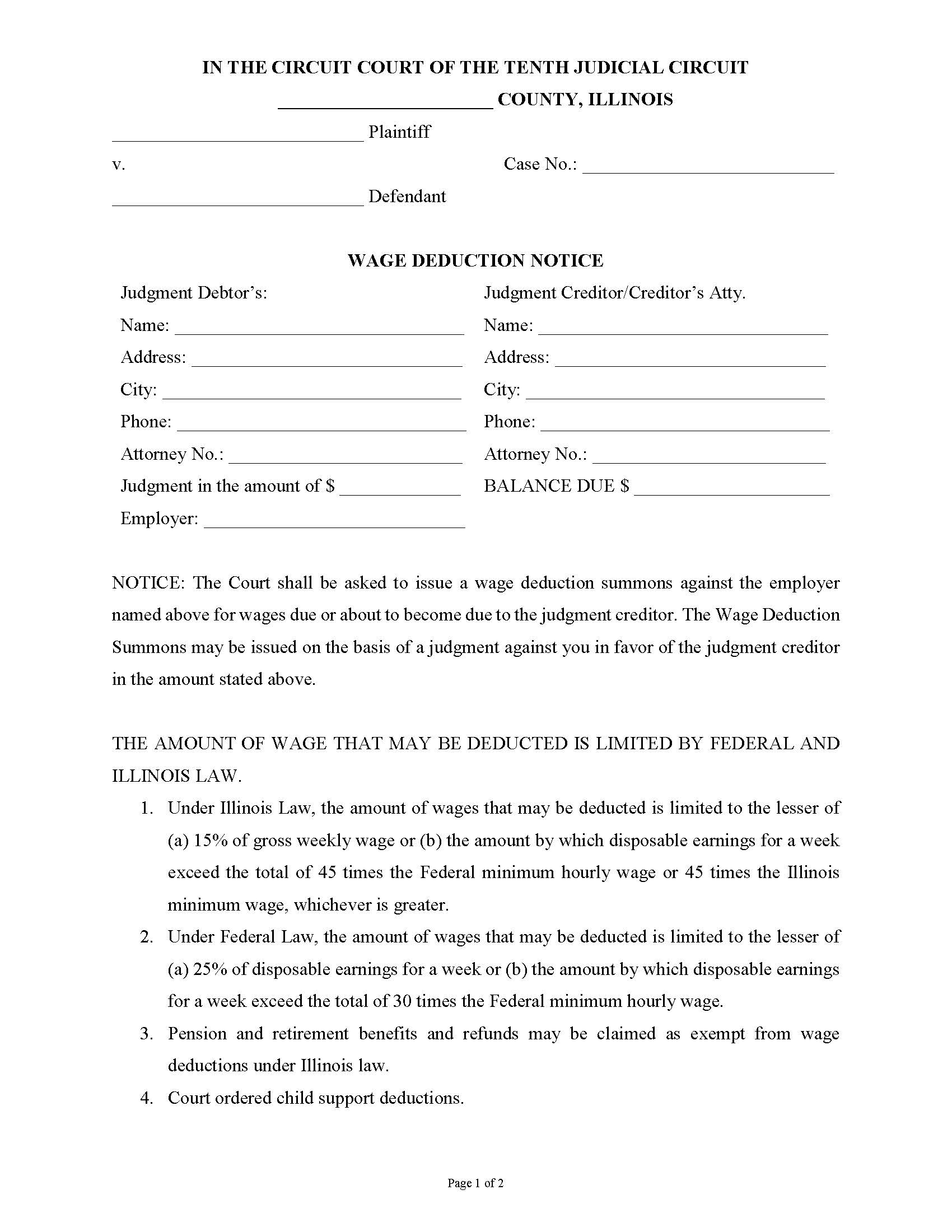 Wage Deduction Notice | Pdf Fpdf Docx | Illinois