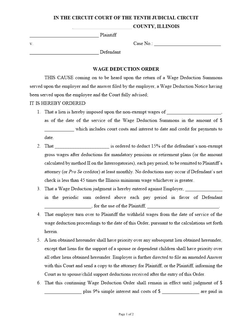 Wage Deduction Order | Pdf Fpdf Docx | Illinois