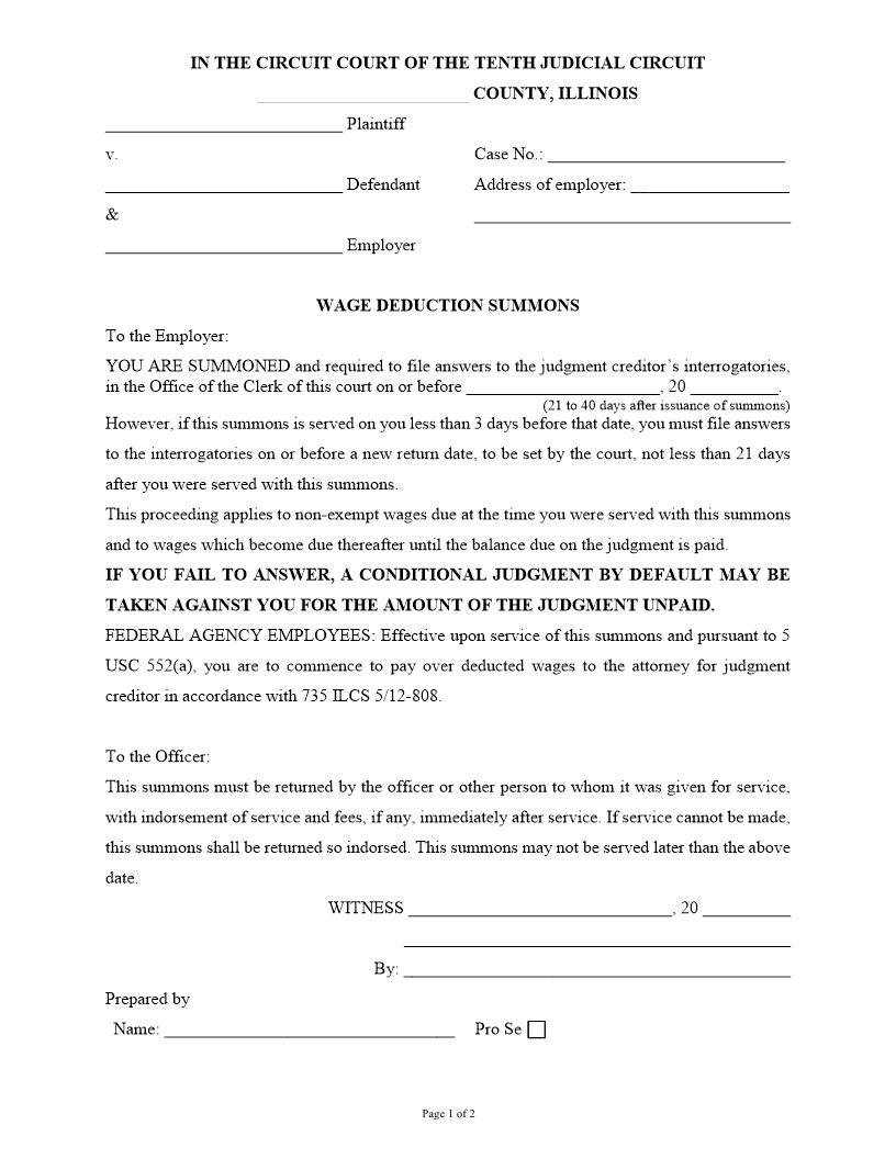Wage Deduction Summons | Pdf Fpdf Docx | Illinois