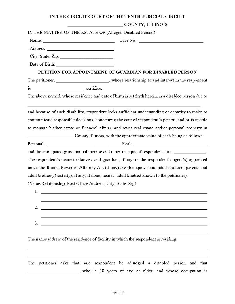 Petition For Appointment Of Guardian For Disabled Person | Pdf Fpdf Docx | Illinois
