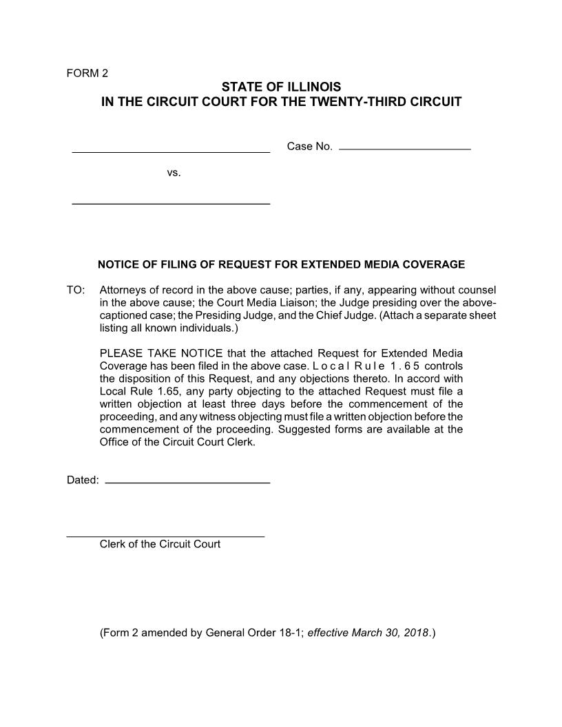 Notice Of Filing Of Request For Extended Media Coverage {Form2} | Pdf Fpdf Doc Docx | Illinois