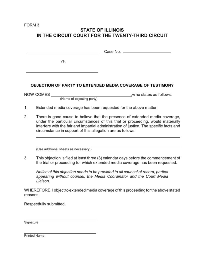 Objection Of Party To Extended Media Coverage {Form3} | Pdf Fpdf Doc Docx | Illinois