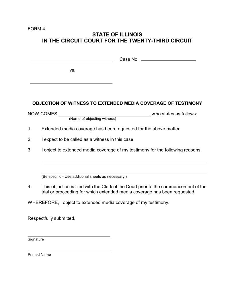 Objection Of Witness To Extended Media Coverage {Form4} | Pdf Fpdf Doc Docx | Illinois