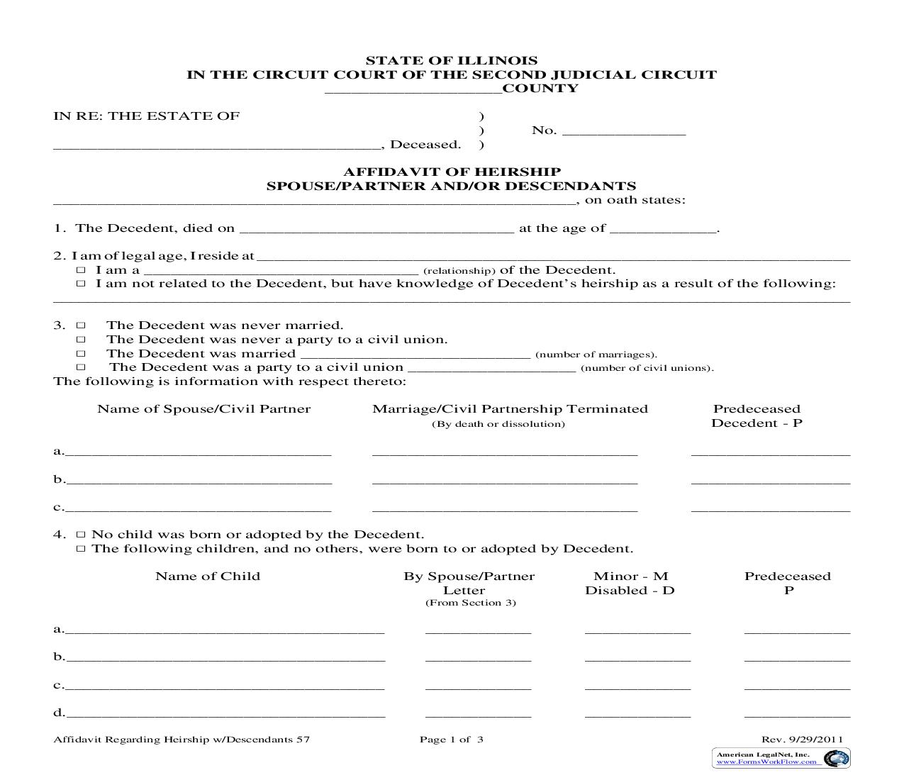 Affidavit Of Heirship Spouse-Partner And-Or Descendants {57} | Pdf Fpdf Doc Docx | Illinois