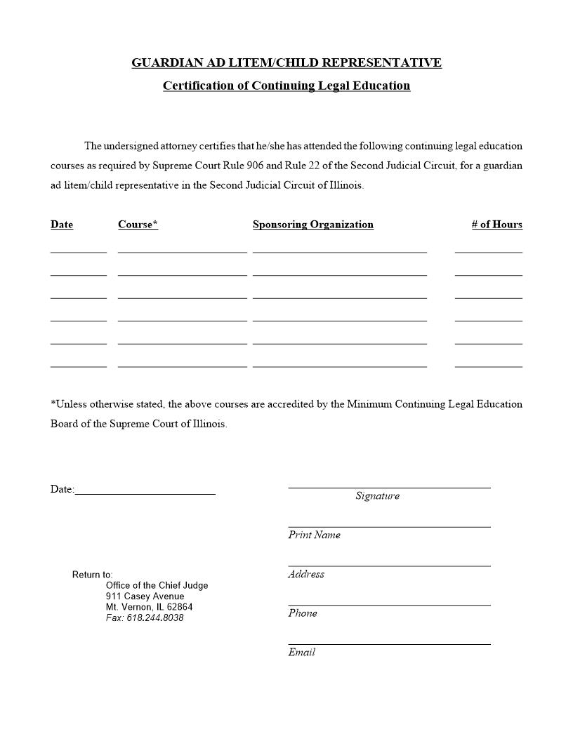 Guardian Ad Litem-Child Representative Certification Of Continuing Legal Education | Pdf Fpdf Docx | Illinois