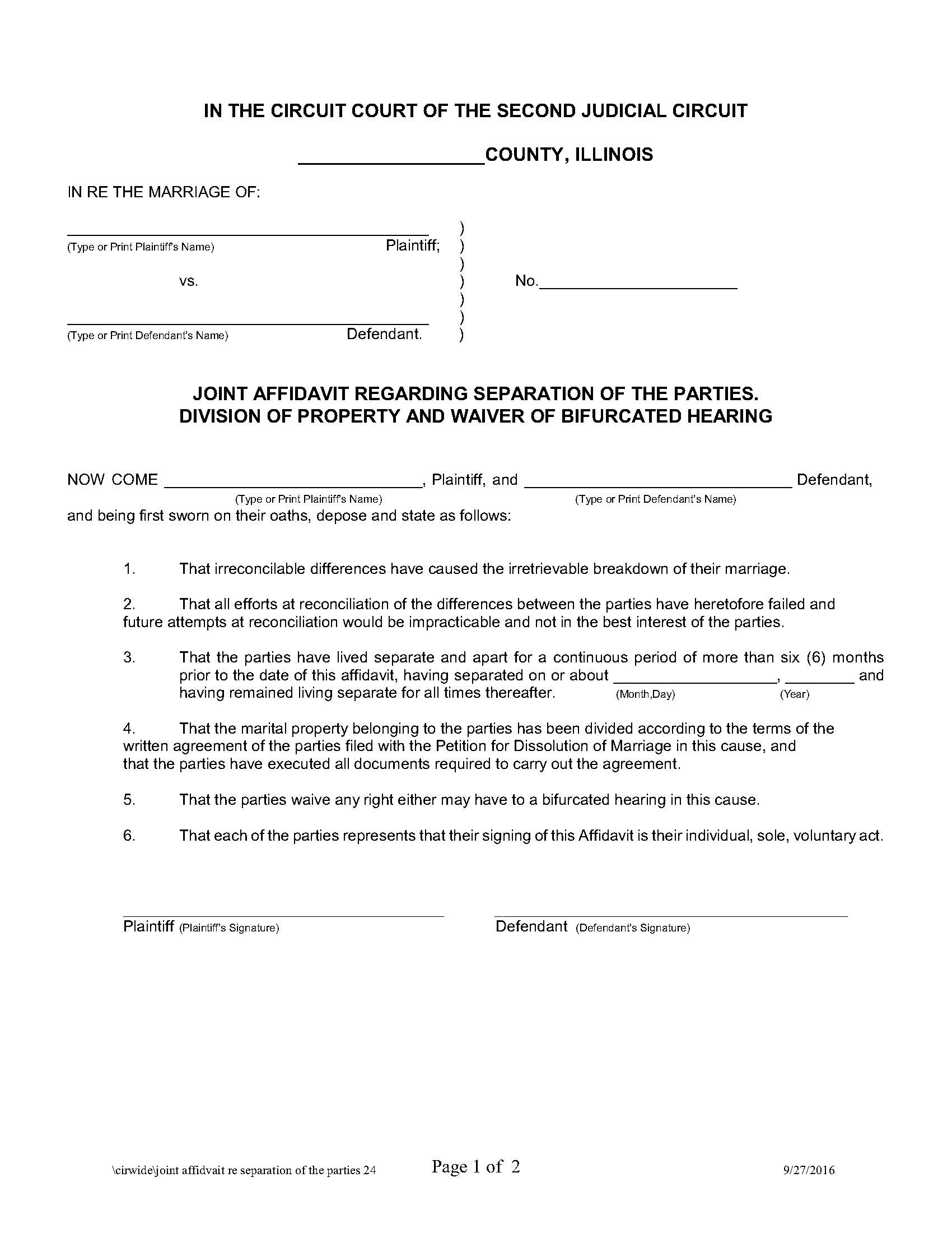 Joint Affidavit Regarding Separation Of The Parties {24} | Pdf Fpdf Doc Docx | Illinois