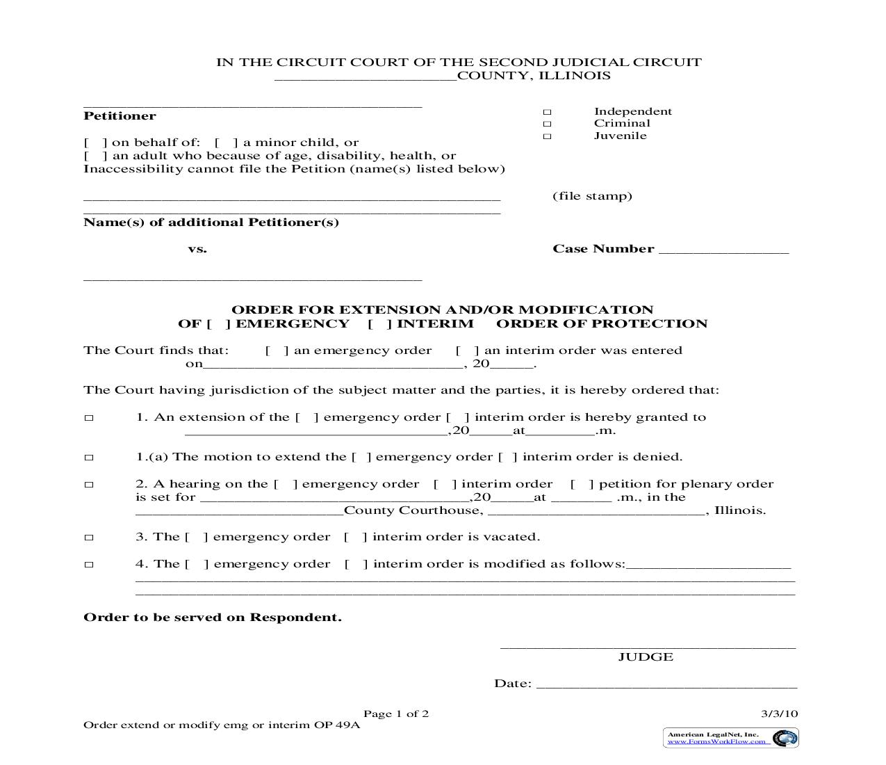 Order For Extension And-Or Modification Of Emergency Or Interim Order Of Protection {49A} | Pdf Fpdf Doc Docx | Illinois