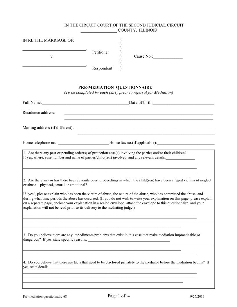 Pre Mediation Questionnaire {68} | Pdf Fpdf Doc Docx | Illinois