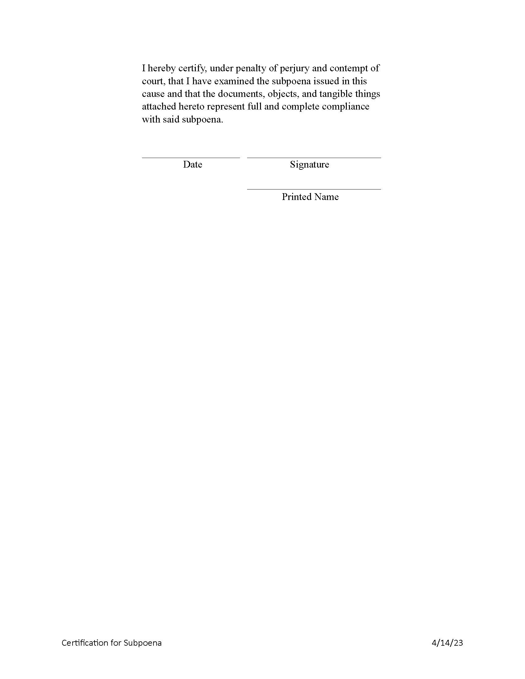 Certification Page For Subpoenas | Pdf Fpdf Docx | Illinois