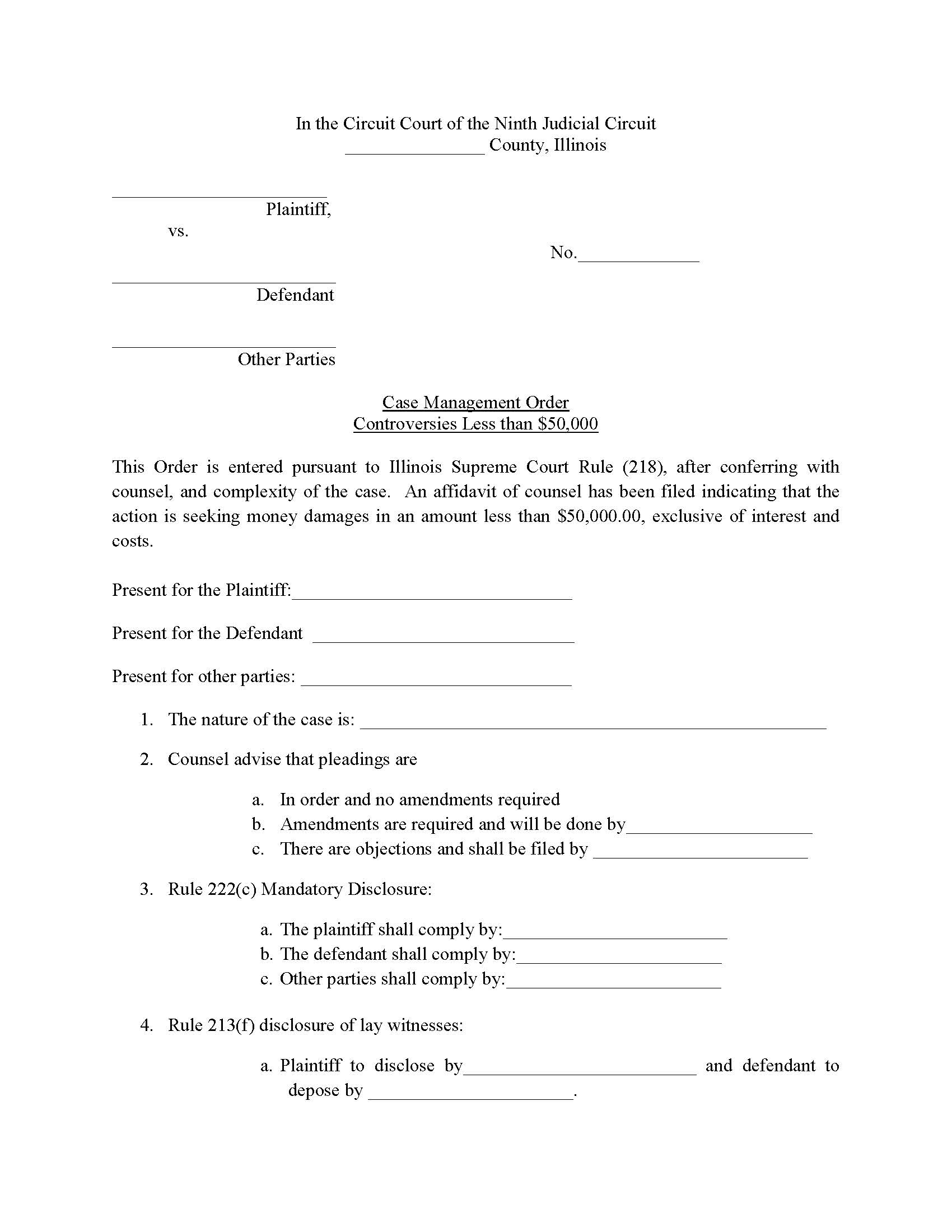 Case Management Order Controversies Less Than 50K {320A} | Pdf Fpdf Docx | Illinois