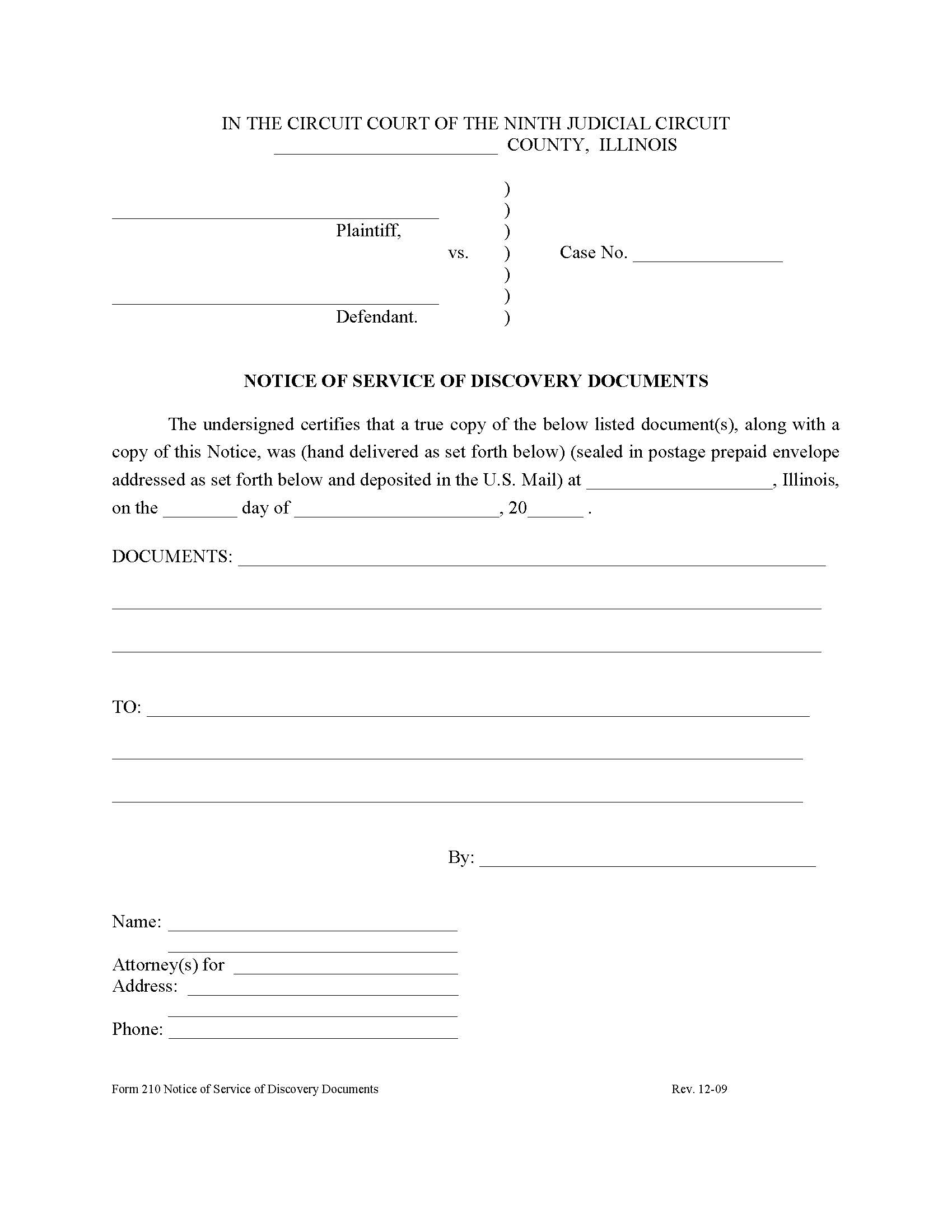 Notice Of Service Of Discovery Documents {210} | Pdf Fpdf Docx | Illinois