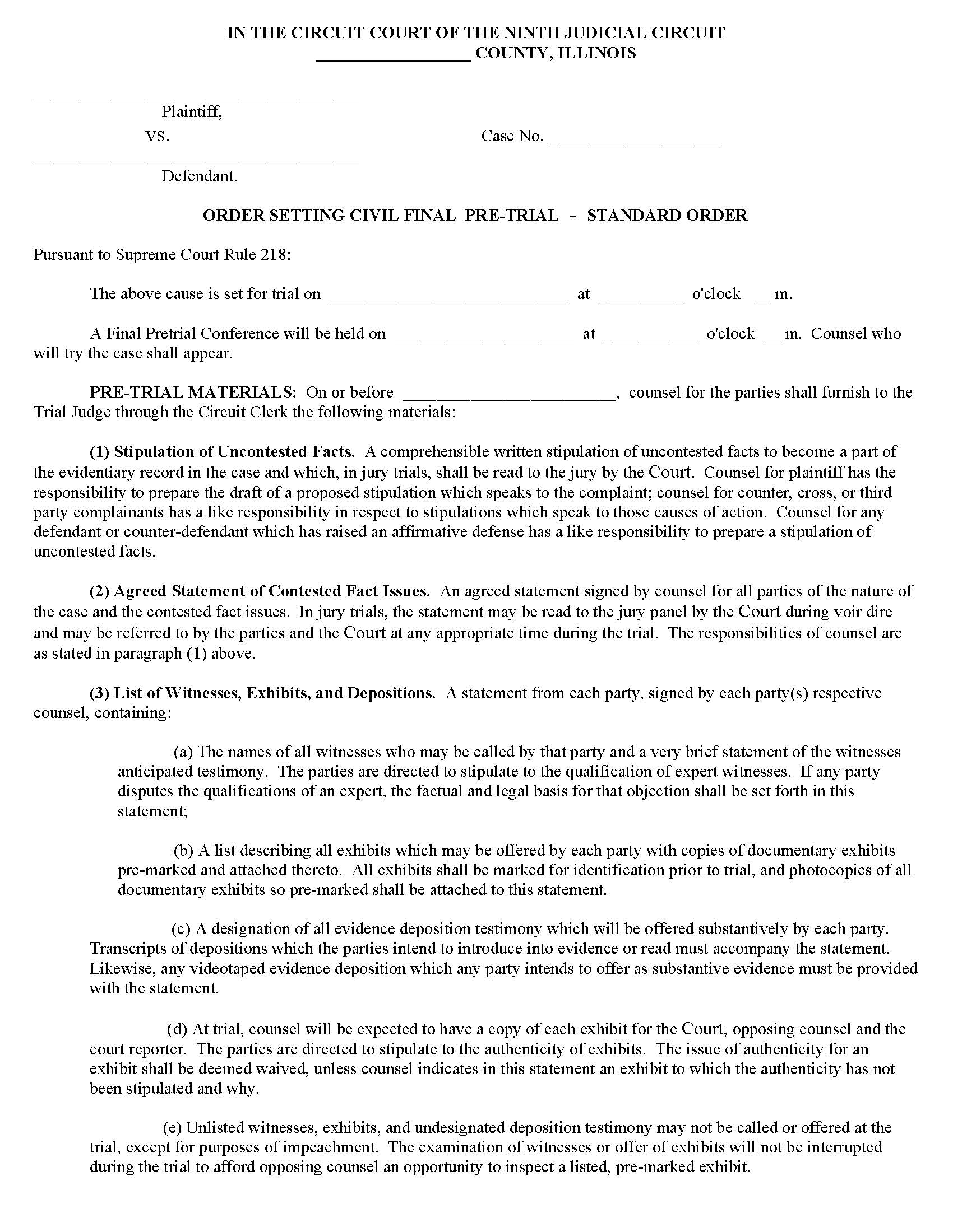 Order Setting Final Pre-Trial Standard Order {340} | Pdf Fpdf Docx | Illinois