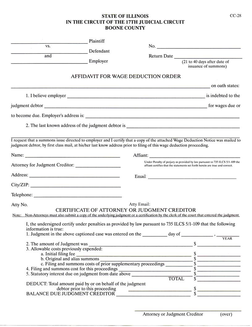 Affidavit For Wage Deduction Order {CC-28} | Pdf Fpdf Docx | Illinois