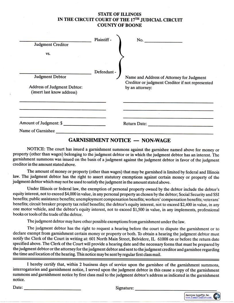 Garnishment Notice Non Wage | Pdf Fpdf Docx | Illinois