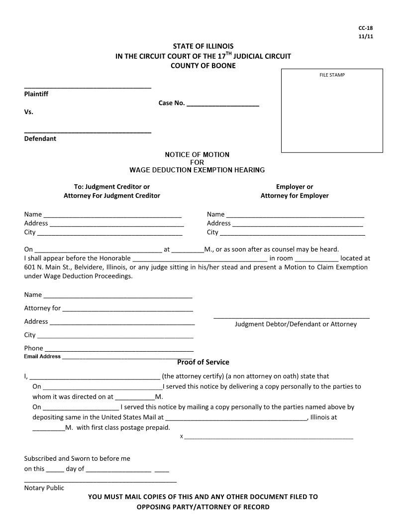 Notice Of Motion For Wage Deduction Exemption Hearing {CC-18} | Pdf Fpdf Docx | Illinois