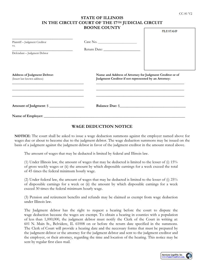 Wage Deduction Notice {CC-81} | Pdf Fpdf Docx | Illinois