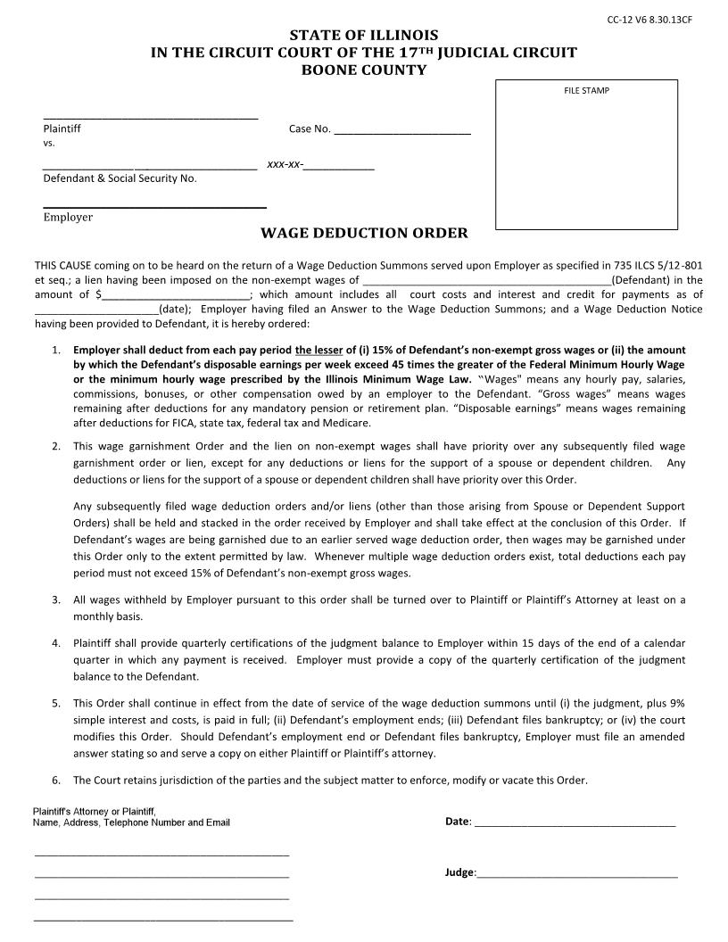 Wage Deduction Order {CC-12} | Pdf Fpdf Docx | Illinois