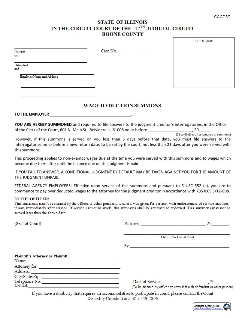 Wage Deduction Summons {CC-27} | Pdf Fpdf Docx | Illinois