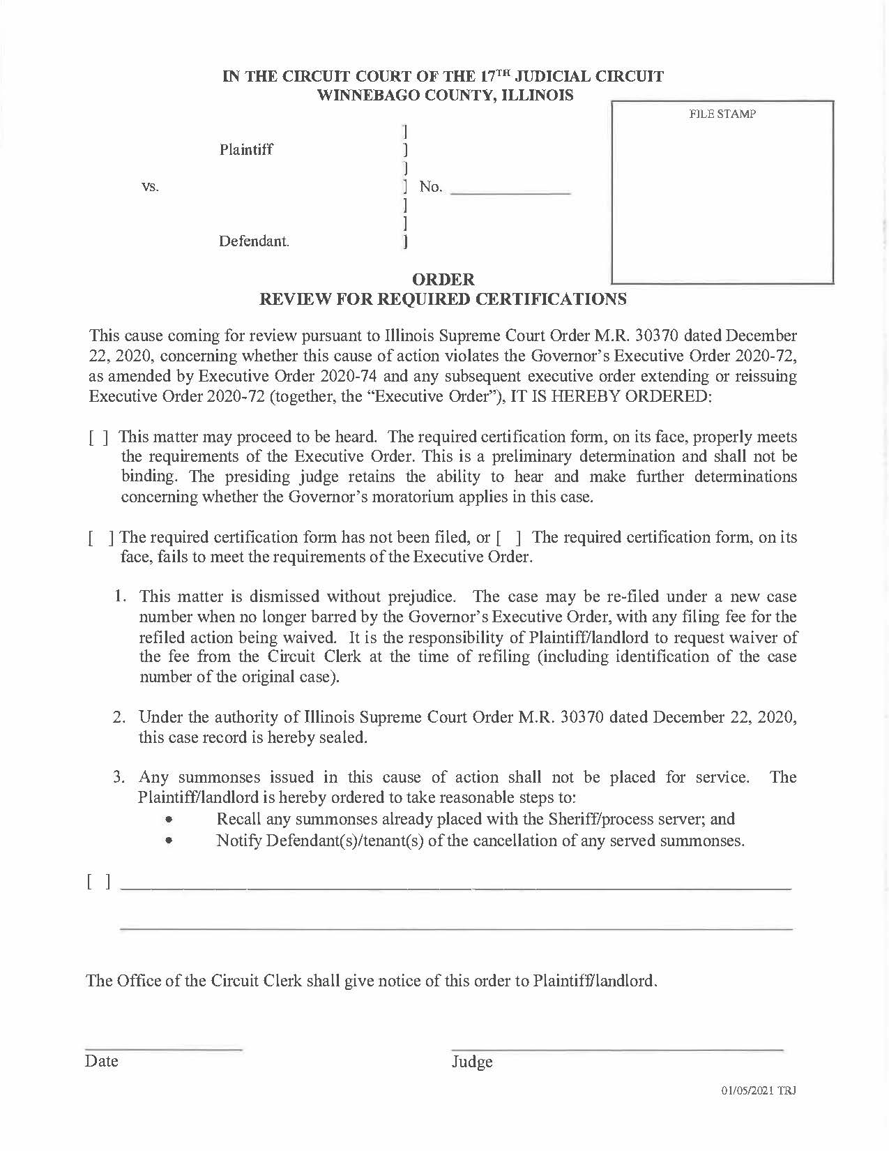 (Proposed) Order Review For Required Certifications | Pdf Fpdf Docx | Illinois