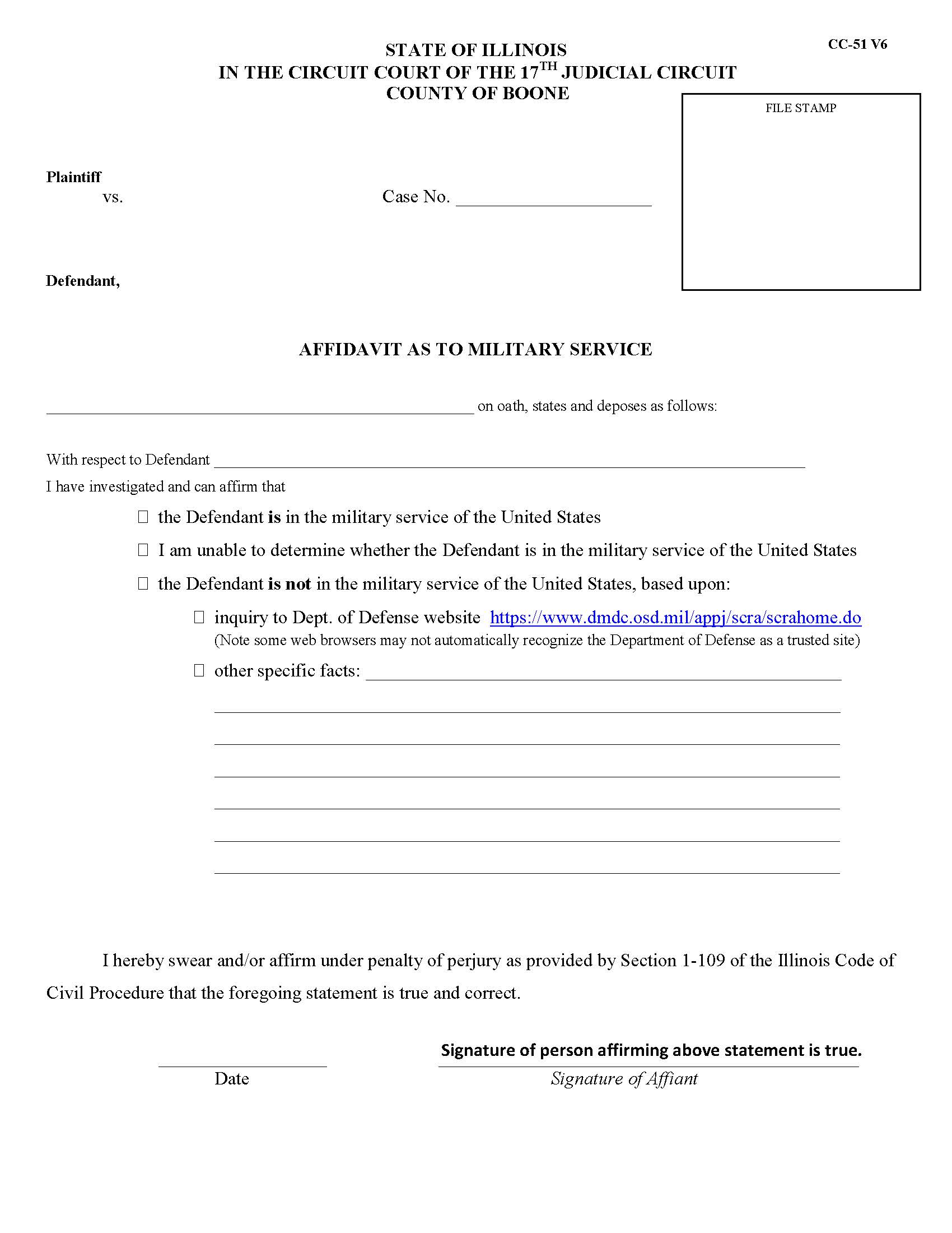 Affidavit As To Military Service {CC-51} | Pdf Fpdf Docx | Illinois