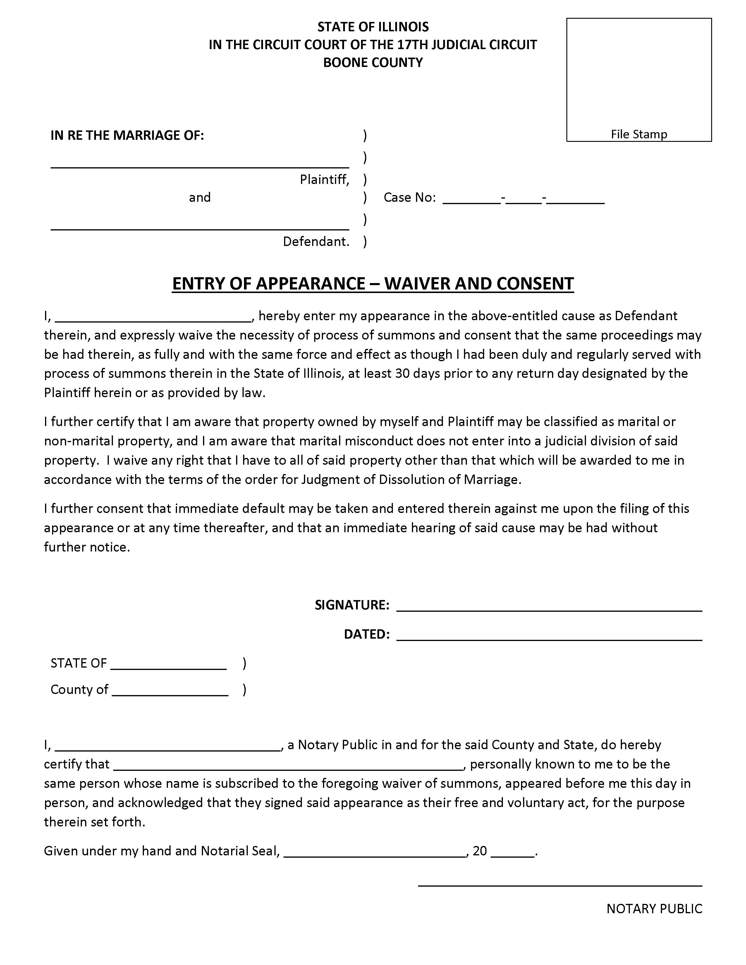 Entry Of Appearance Waiver And Consent (Family) | Pdf Fpdf Docx | Illinois