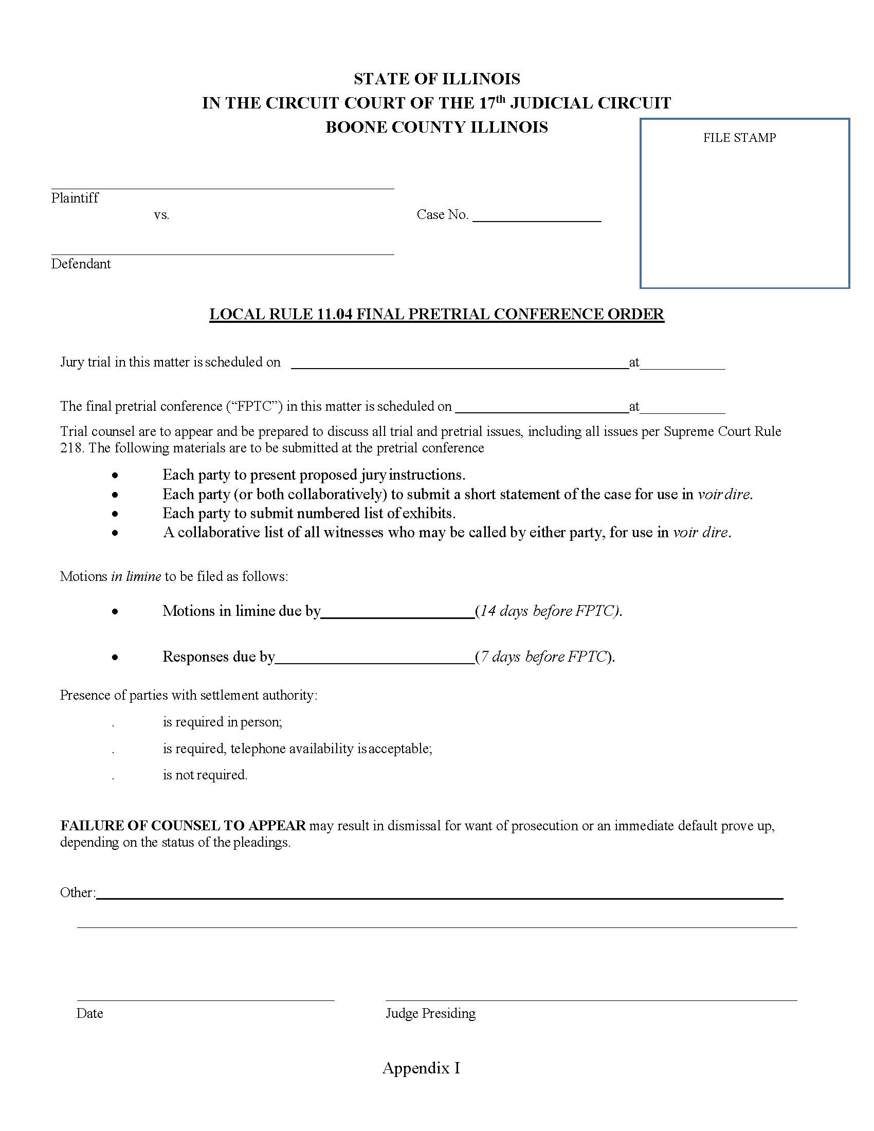 Local Rule 11.04 Final Pretrial Conference Order | Pdf Fpdf Docx | Illinois