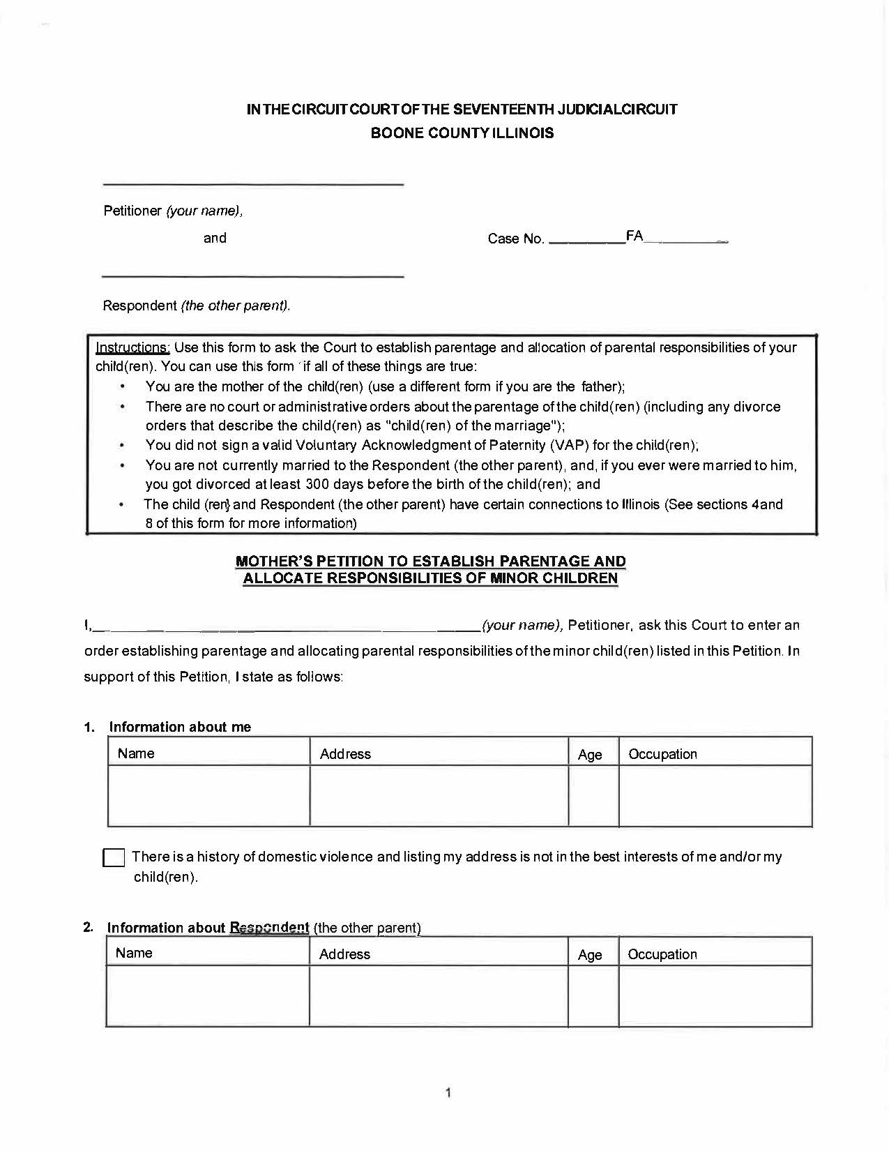 Mothers Petition To Establish Parentage Allocate Responsibilities Of Minor Child(ren) | Pdf Fpdf Docx | Illinois