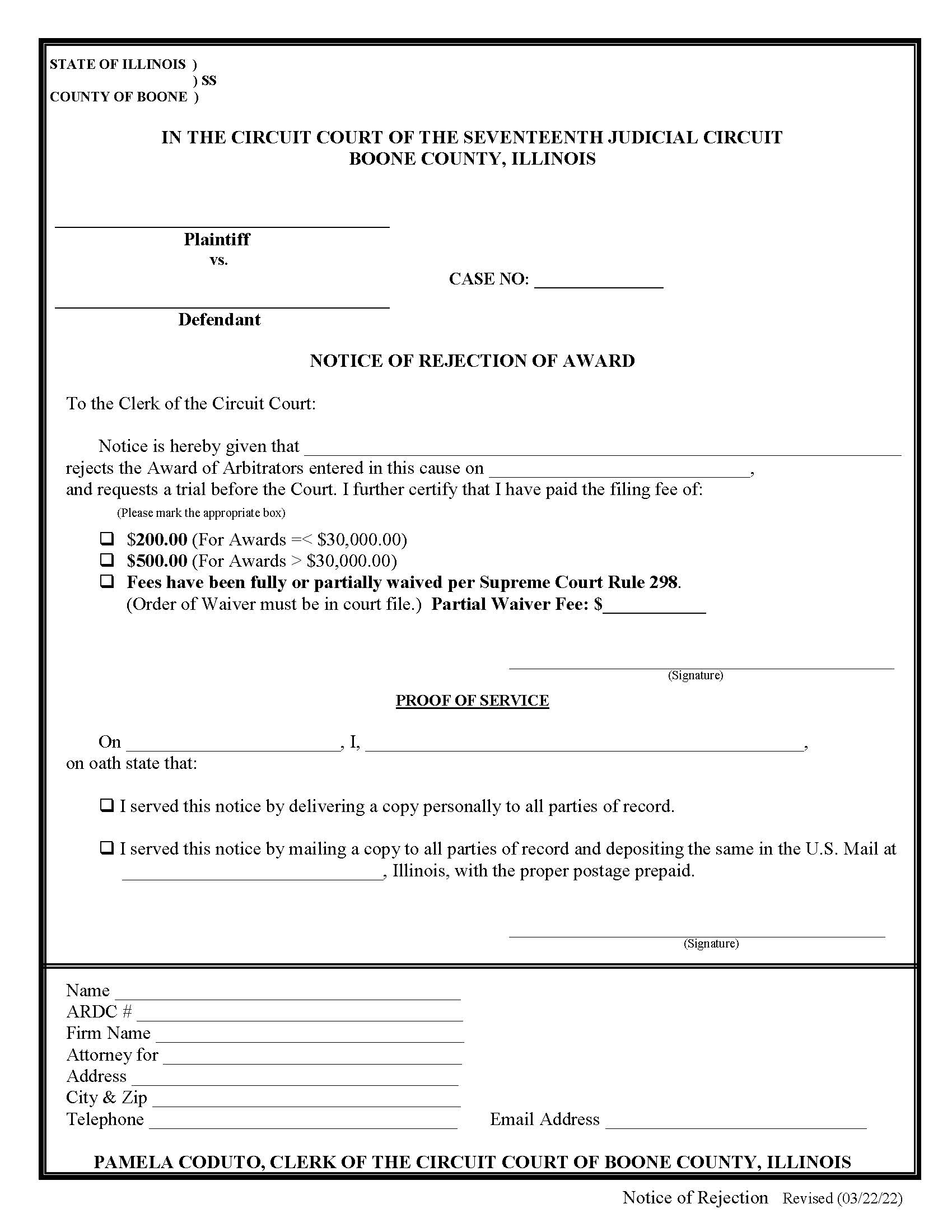 Notice Of Rejection Of Award (Arbitration) | Pdf Fpdf Docx | Illinois