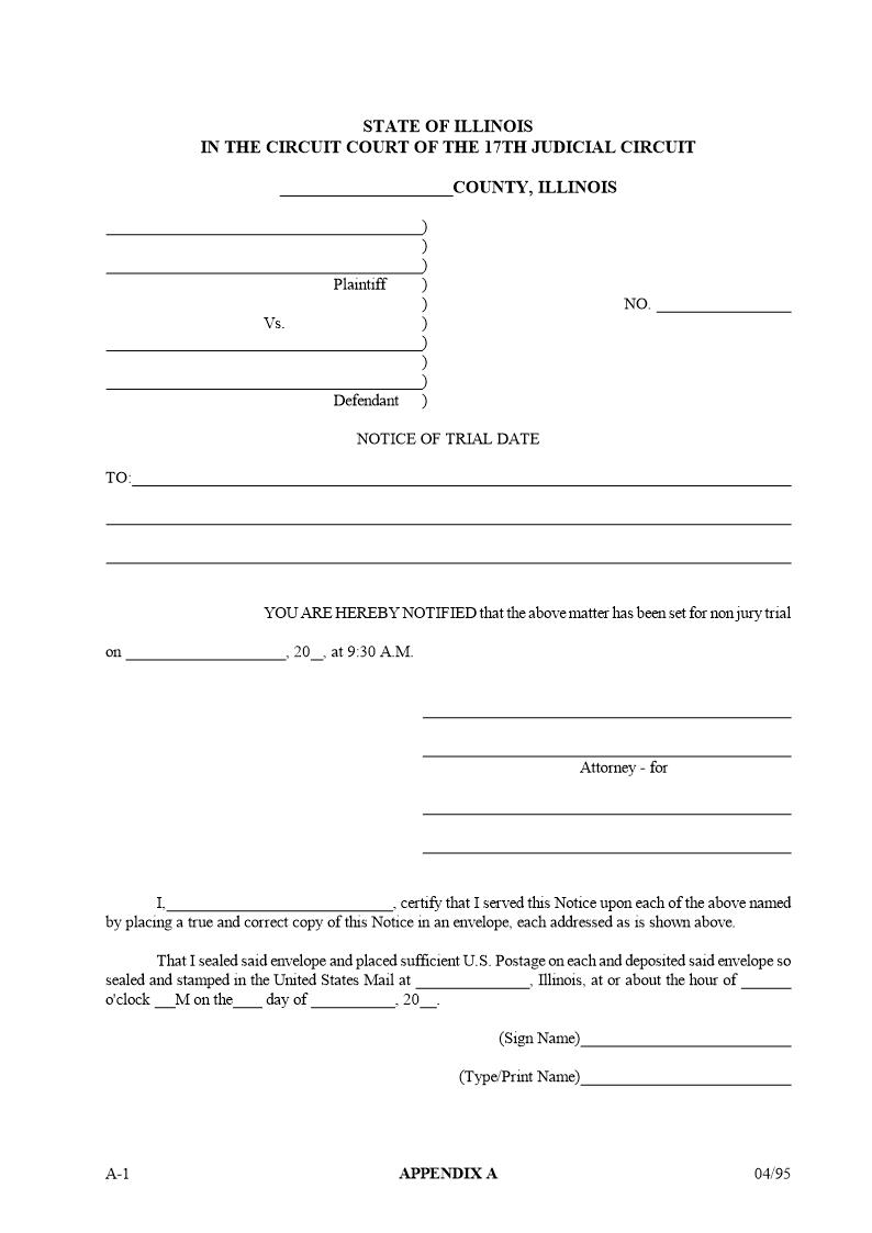 Notice Of Trial Date {Appendix-A} | Pdf Fpdf Docx | Illinois