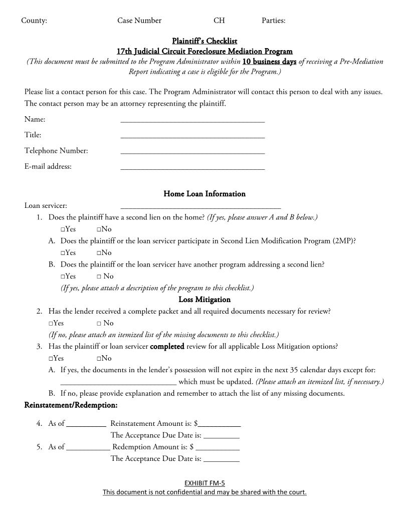 Plaintiffs Checklist 17th JC Foreclosure Mediation Program {Appendix FM-5} | Pdf Fpdf Docx | Illinois