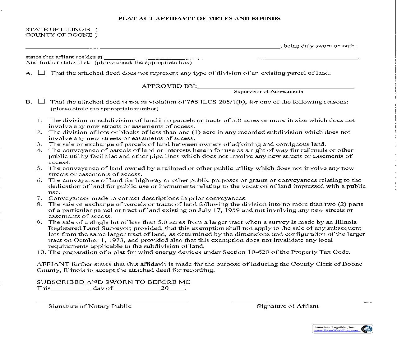 Plat Act Affidavit Of Metes And Bounds | Pdf Fpdf Doc Docx | Illinois