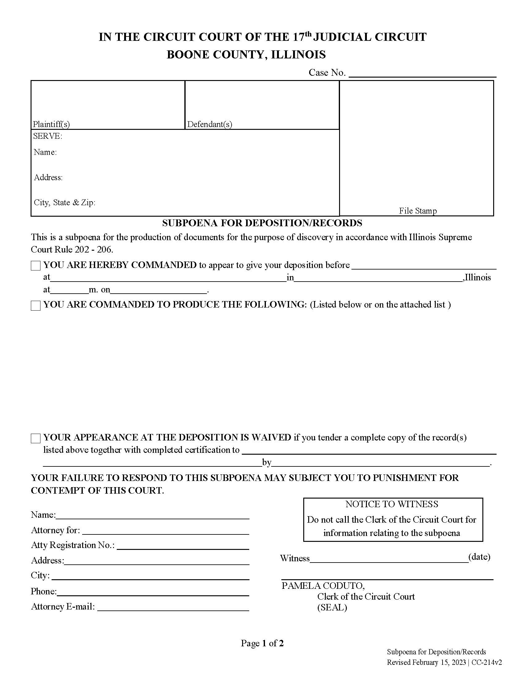 Subpoena For Deposition And Or Records | Pdf Fpdf Docx | Illinois