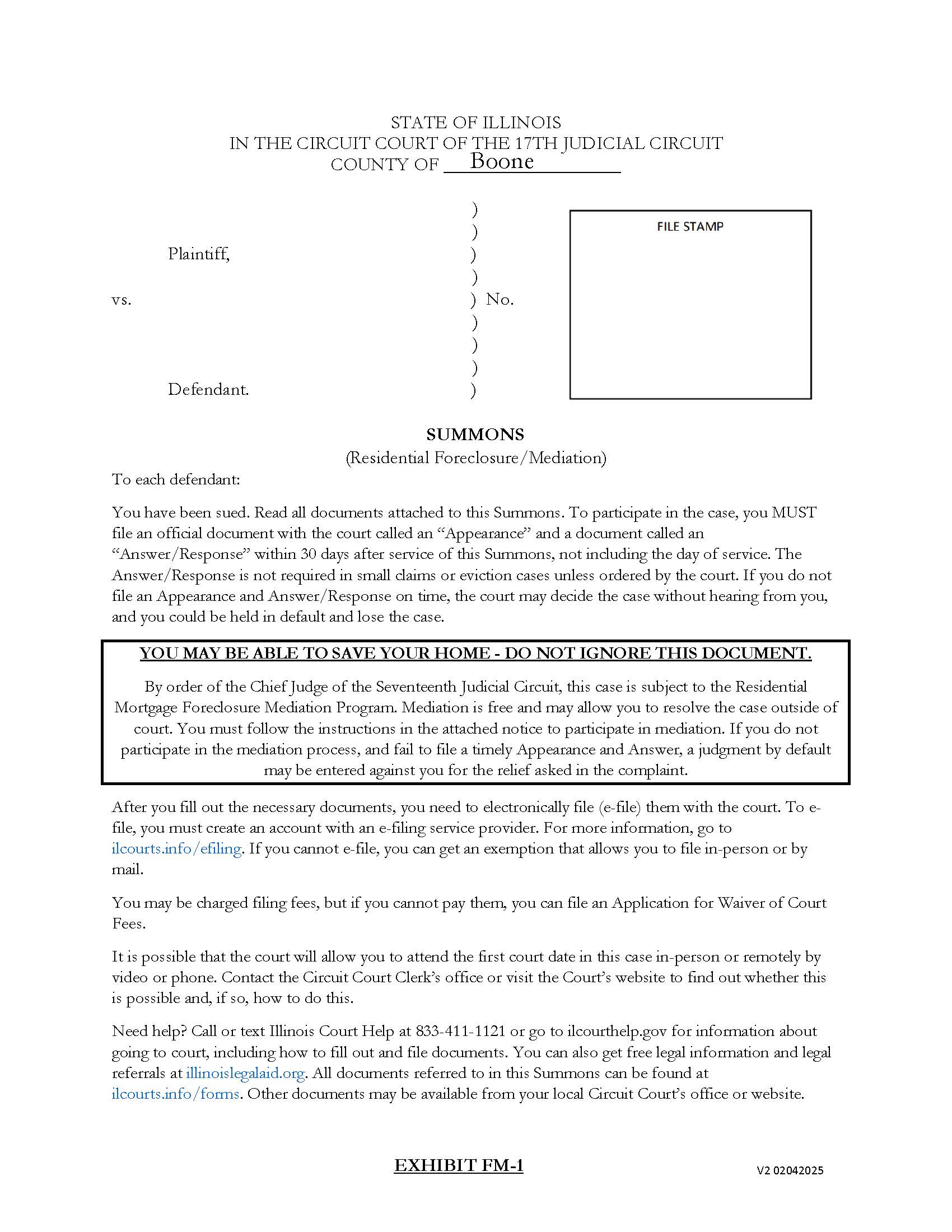 Summons (Residential Foreclosure-Mediation) | Pdf Fpdf Docx | Illinois