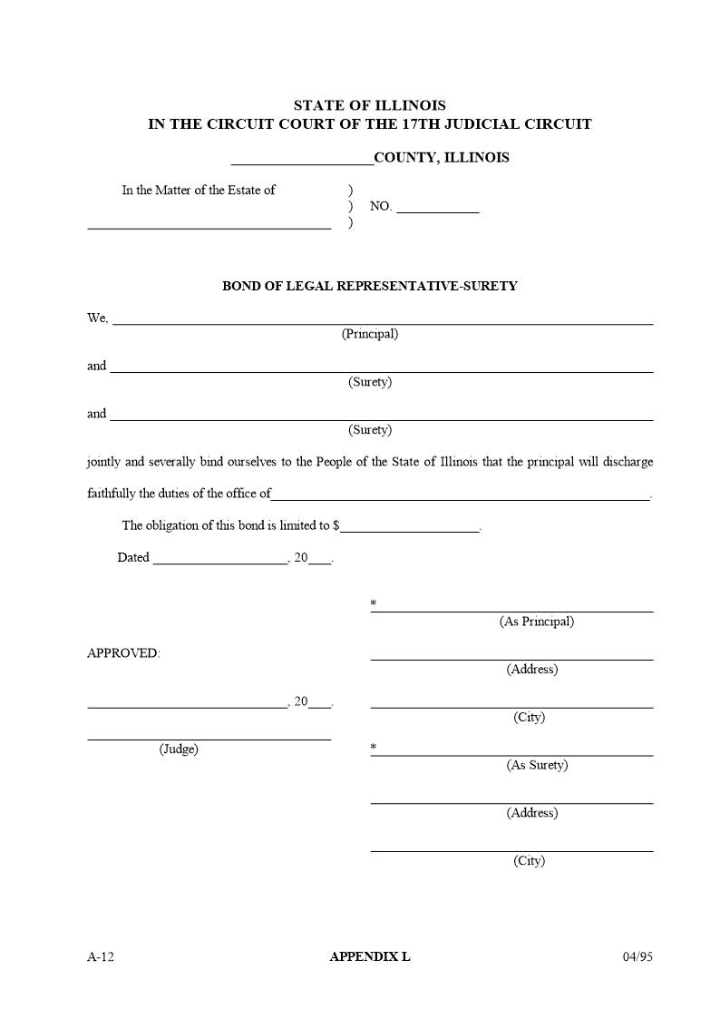 Bond Of Legal Representative-Surety {Appendix L} | Pdf Fpdf Docx | Illinois