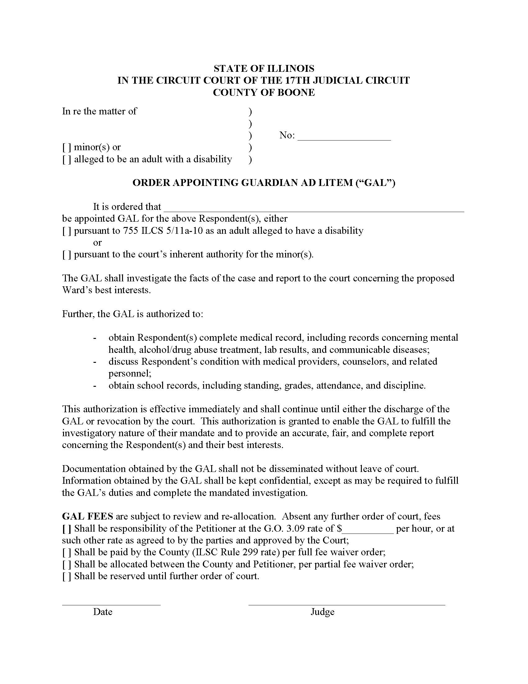 Order Appointing Guardian Ad Litem (GAL) | Pdf Fpdf Docx | Illinois