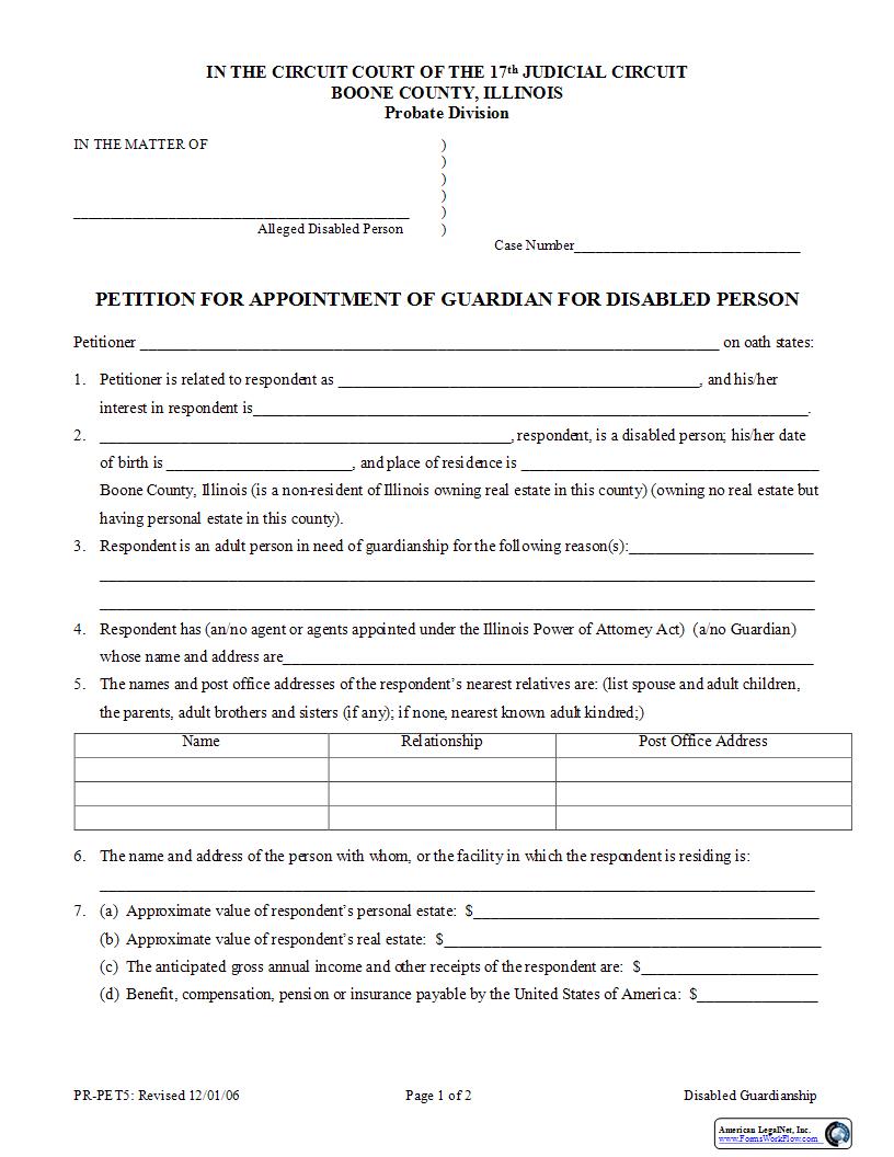 Petition For Appointment Of Guardian Disabled Person {PR-PET5} | Pdf Fpdf Docx | Illinois