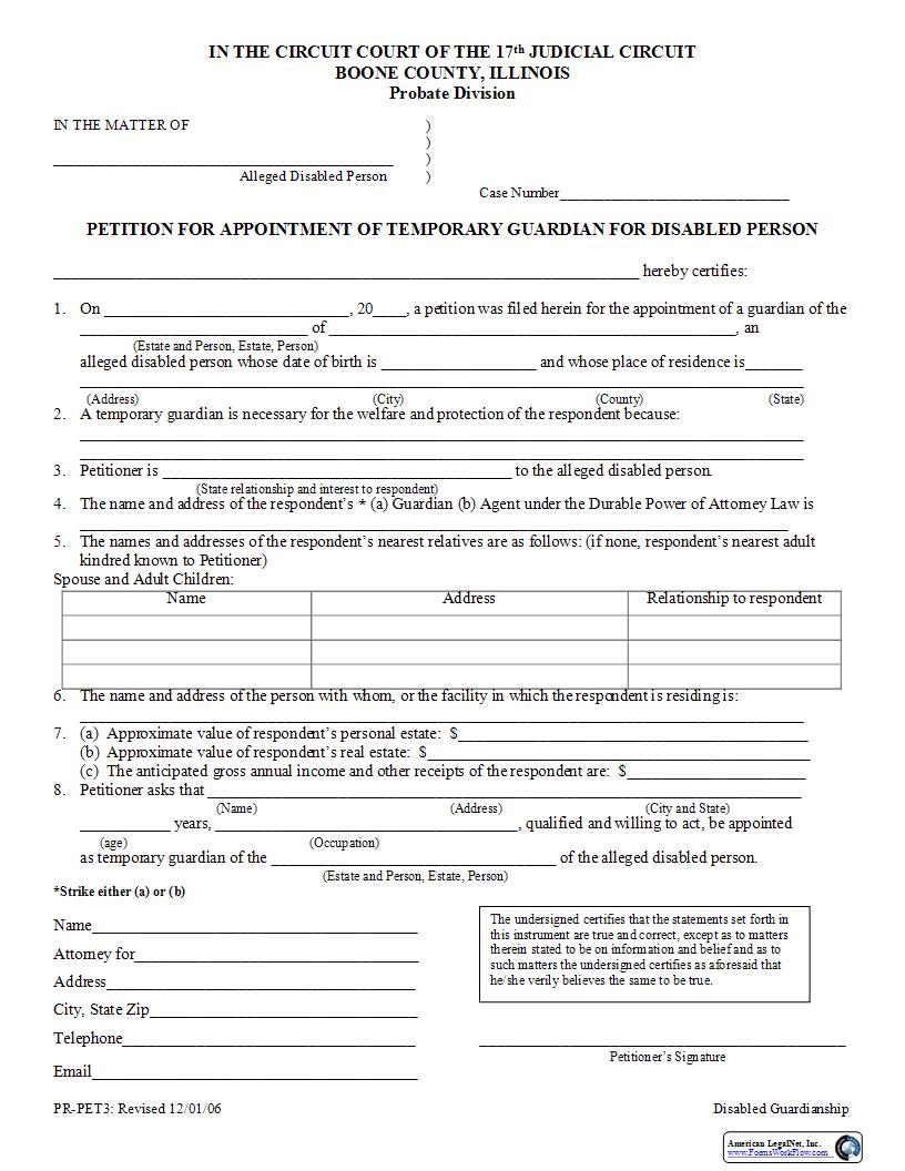 Petition For Appointment Of Temporary Guardian Disabled Person {PR-PET3} | Pdf Fpdf Docx | Illinois