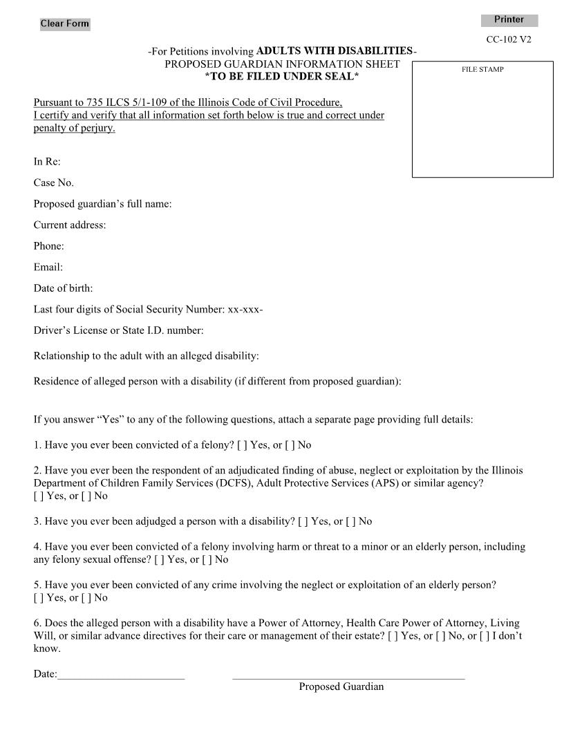 Proposed Guardian Information Sheet (Adults With Disabilities) {CC-102 V2} | Pdf Fpdf Docx | Illinois