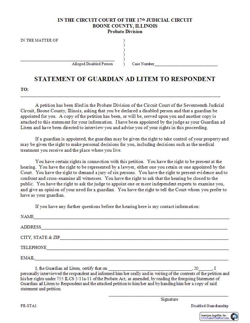 Statement Of Guardian Ad Litem To Respondent {PR-STA1} | Pdf Fpdf Docx | Illinois