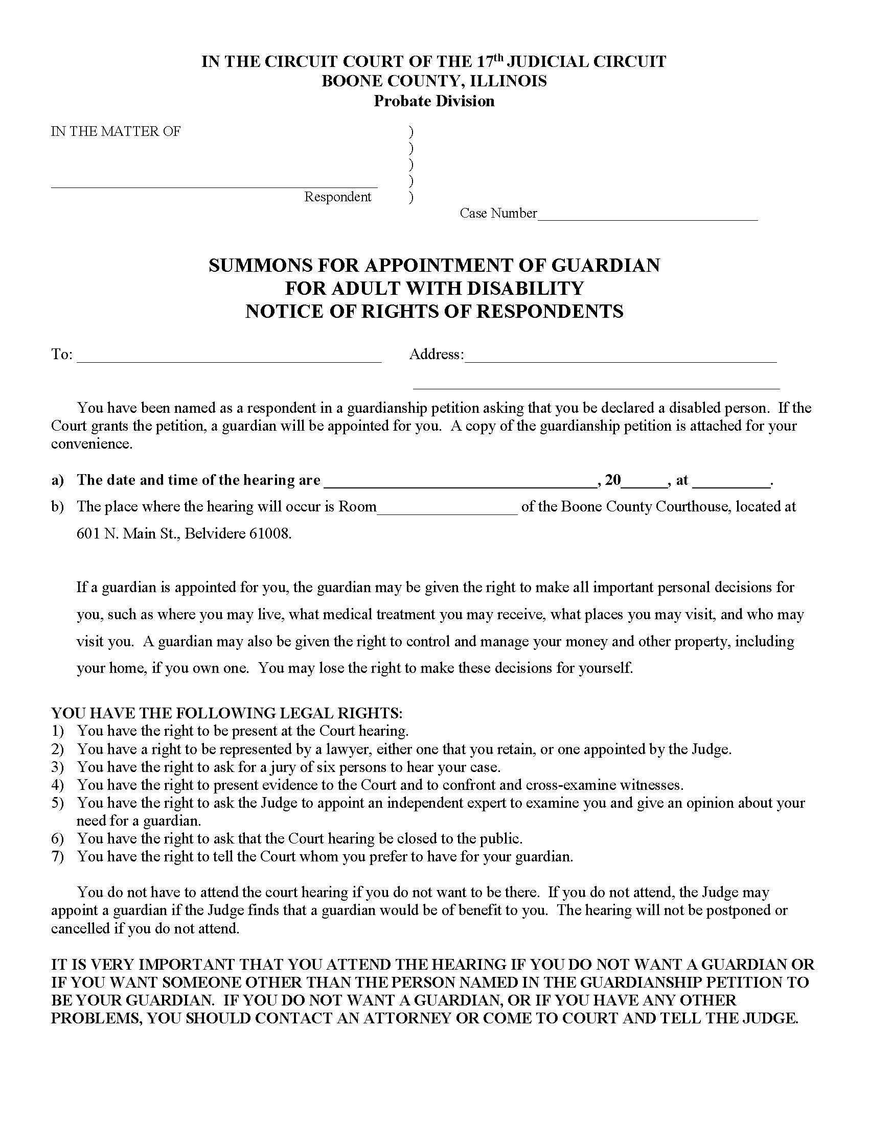 Summons Appointment Of Guardian Adult WIth Disability Notice Of Rights | Pdf Fpdf Docx | Illinois