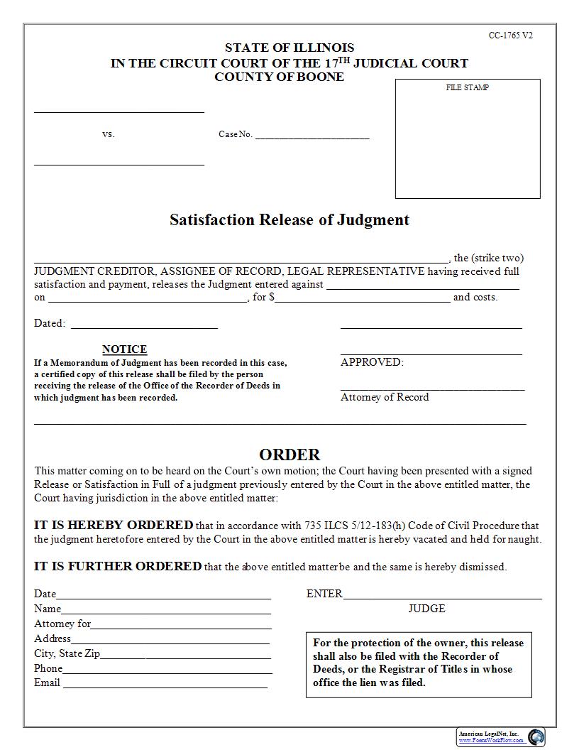 Satisfaction Release Of Judgment {CC-1765} | Pdf Fpdf Docx | Illinois