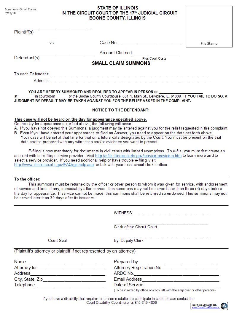 Small Claim Summons | Pdf Fpdf Docx | Illinois