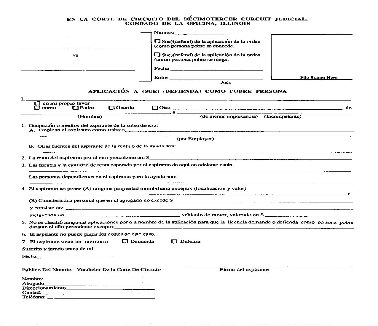 Aplicacion A Sue Defienda Como Pobre Persona |  | Illinois