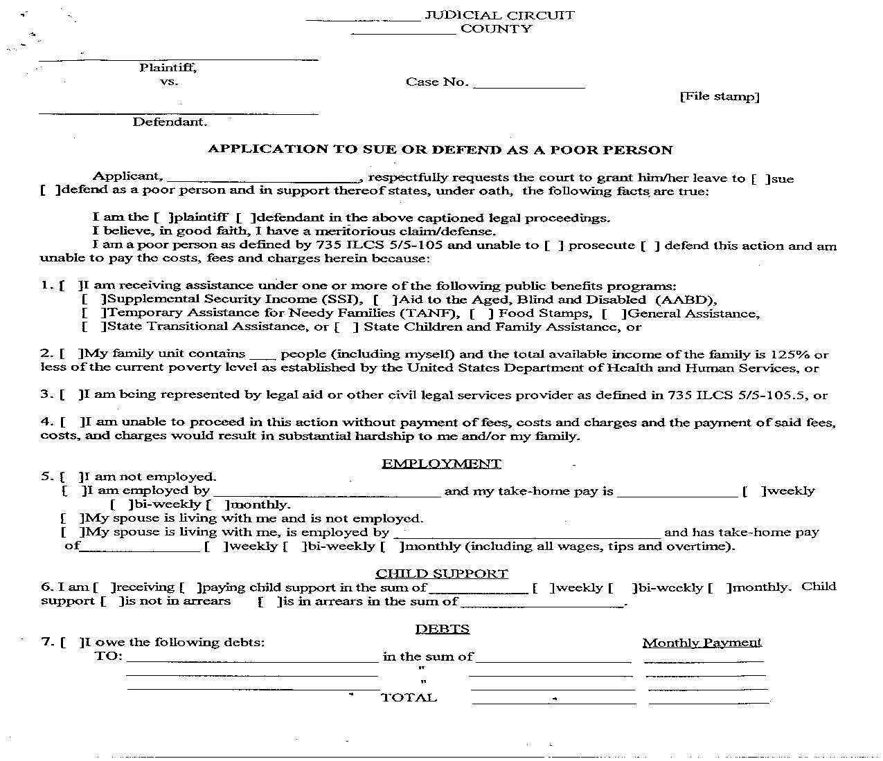 Application To Sue Or Defend As A Poor Person |  | Illinois