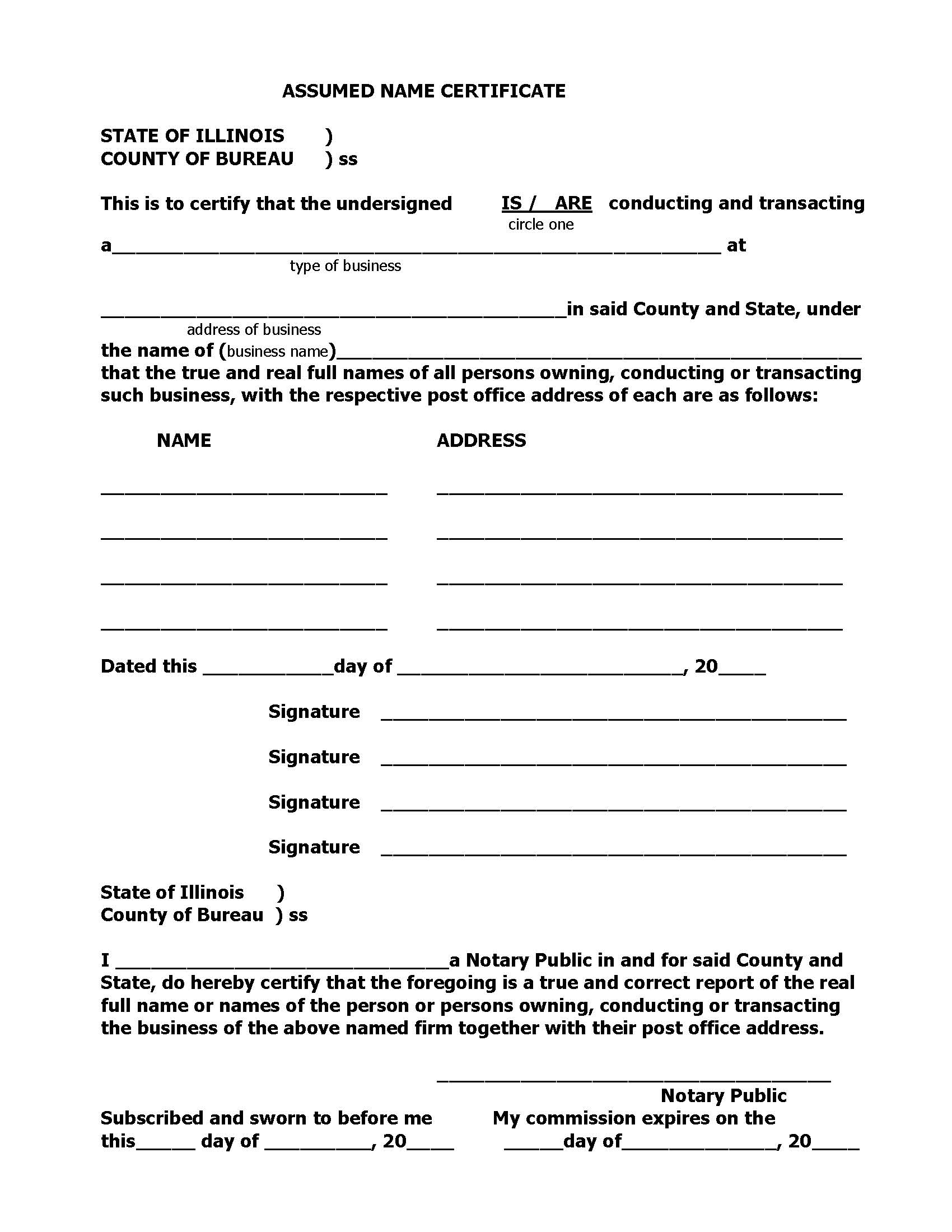 Assumed Name Certificate | Pdf Fpdf Docx | Illinois