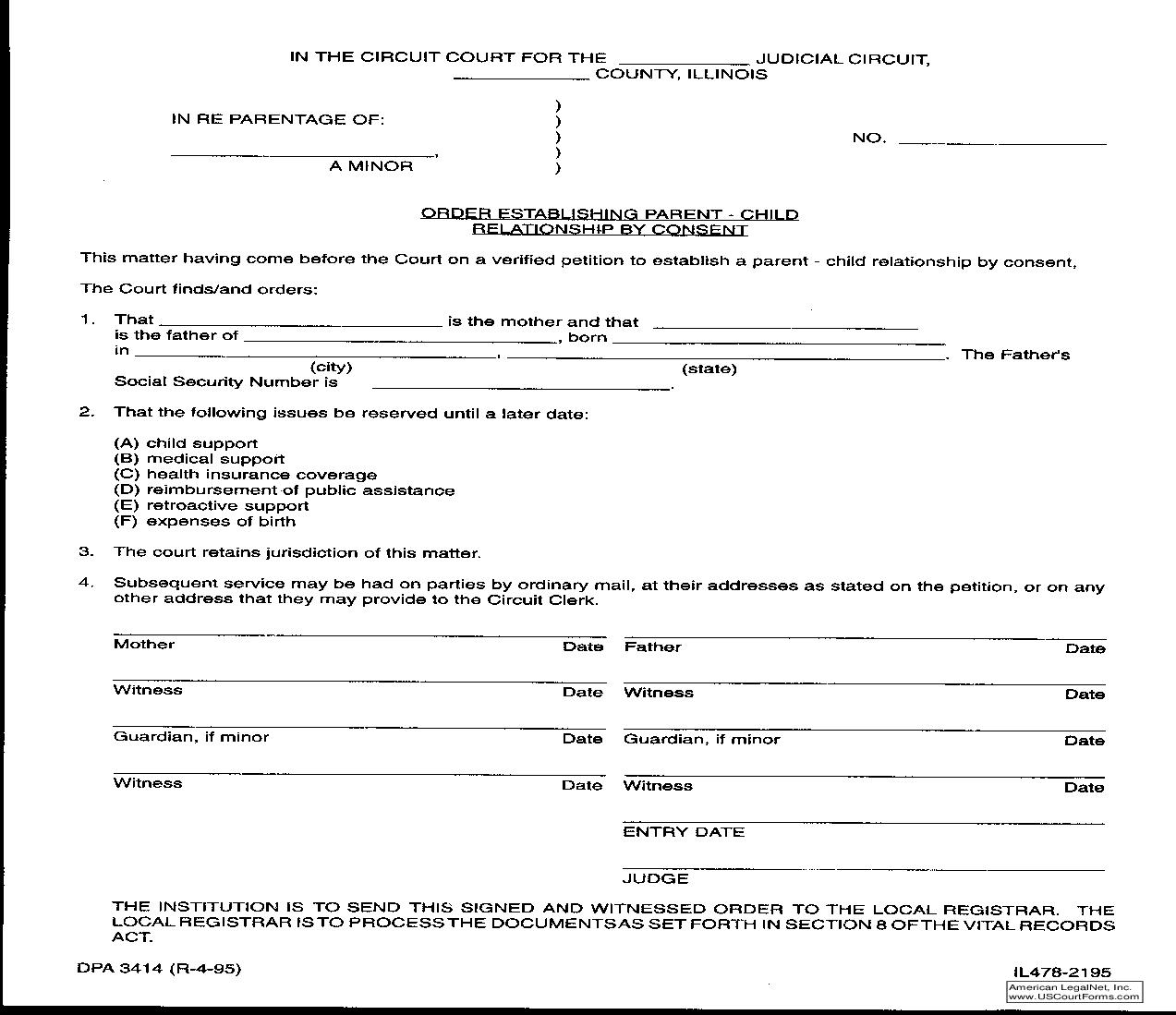 Order Establishing Parent-Child Relationship By Consent {DPA 3414} |  | Illinois