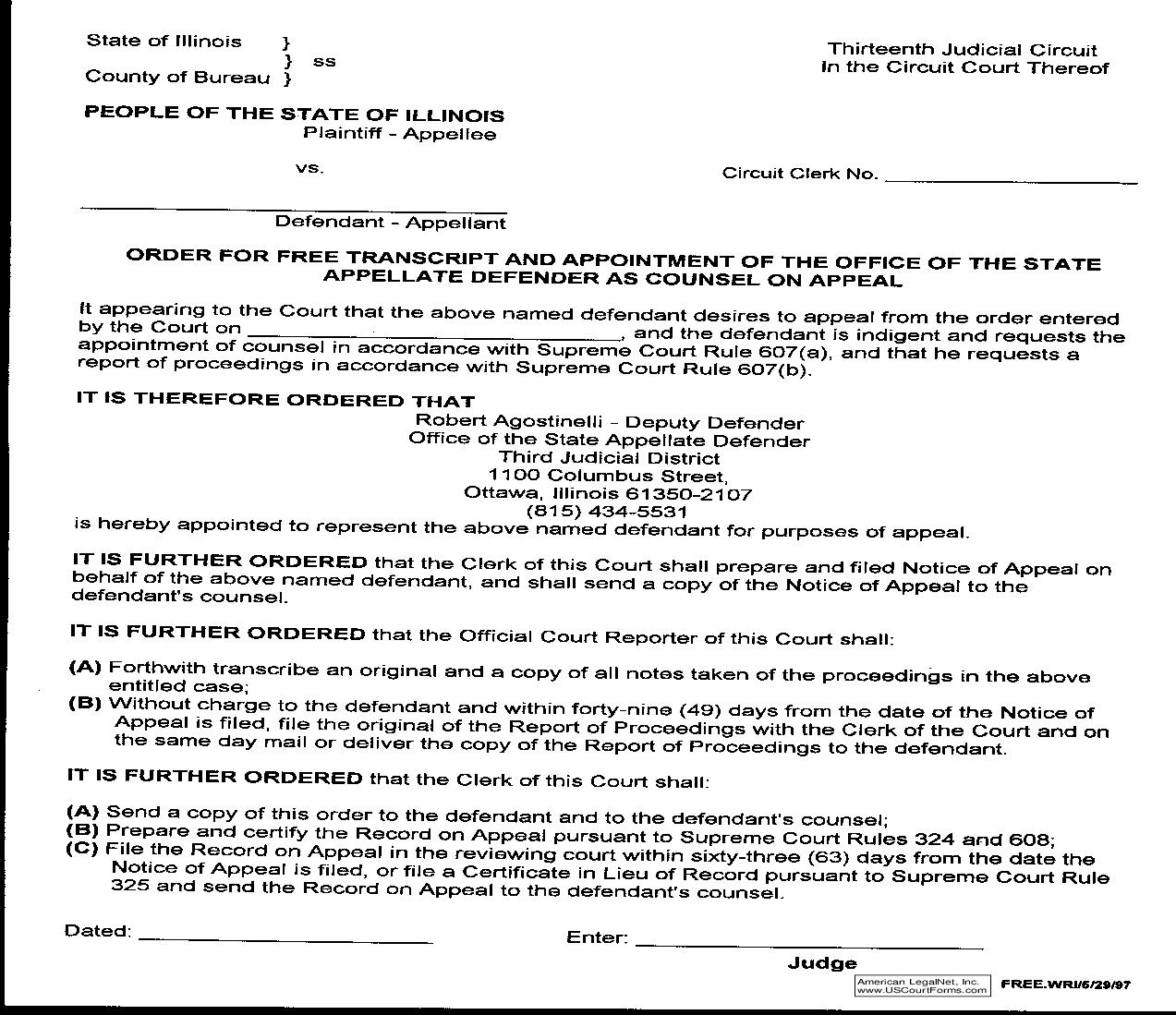Order For Free Transcript And Appointment Of The Office Of The State Appellate Defender As Counsel On Appeal |  | Illinois